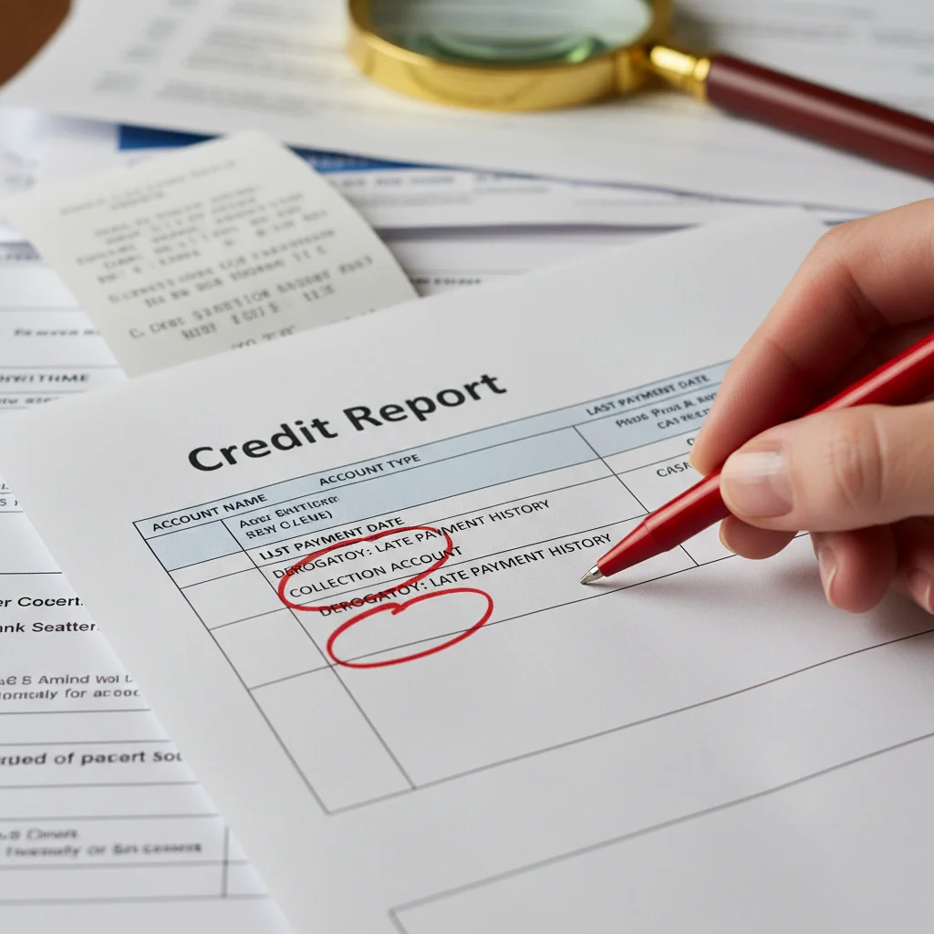Hand pointing to negative entry on credit report, highlighting inaccuracies.