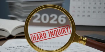 Magnifying glass over credit report showing hard inquiry in 2026