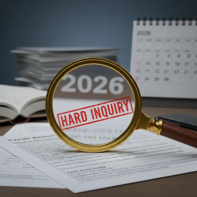 Magnifying glass over credit report showing hard inquiry in 2026