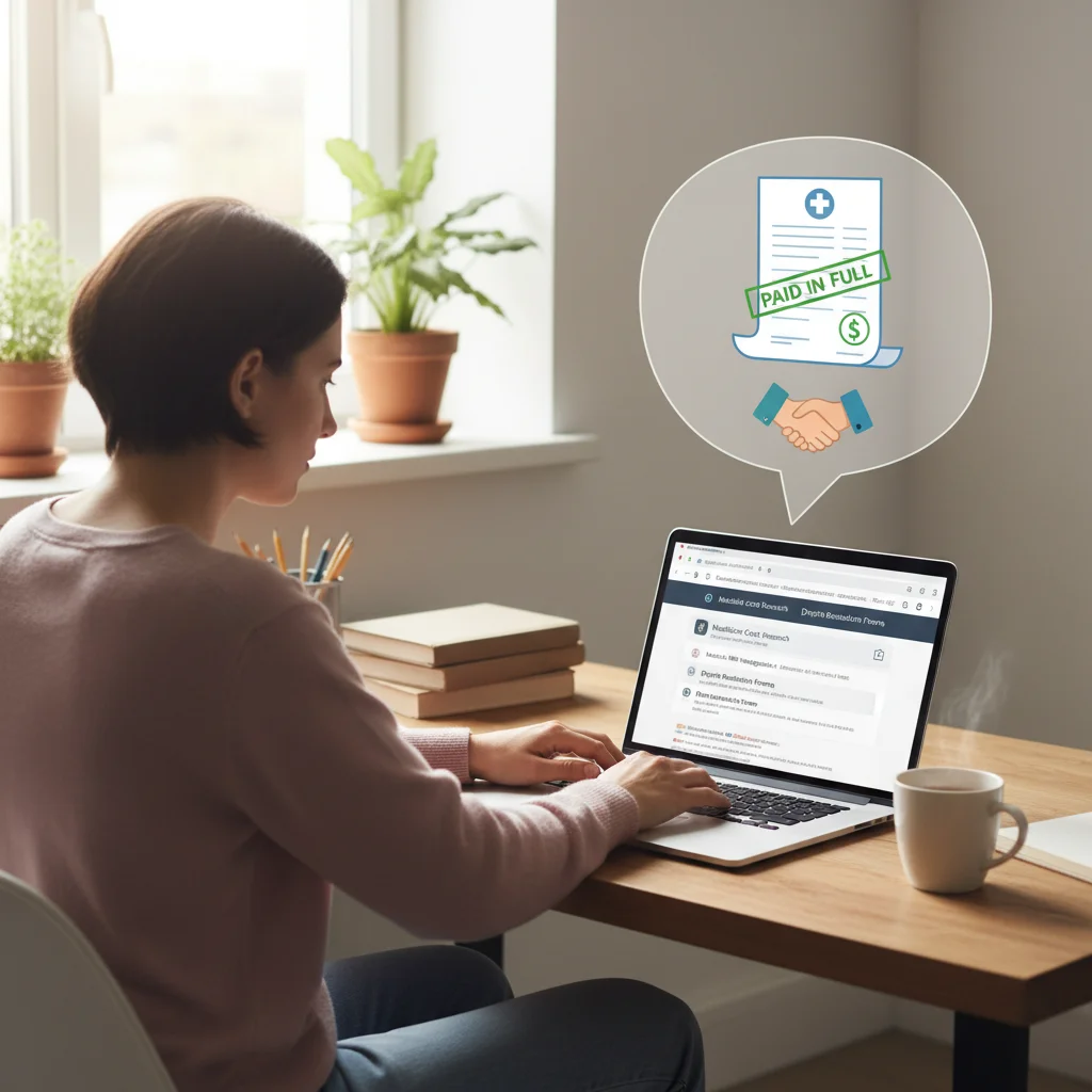 Person researching healthcare costs and dispute resolution online, finding solutions