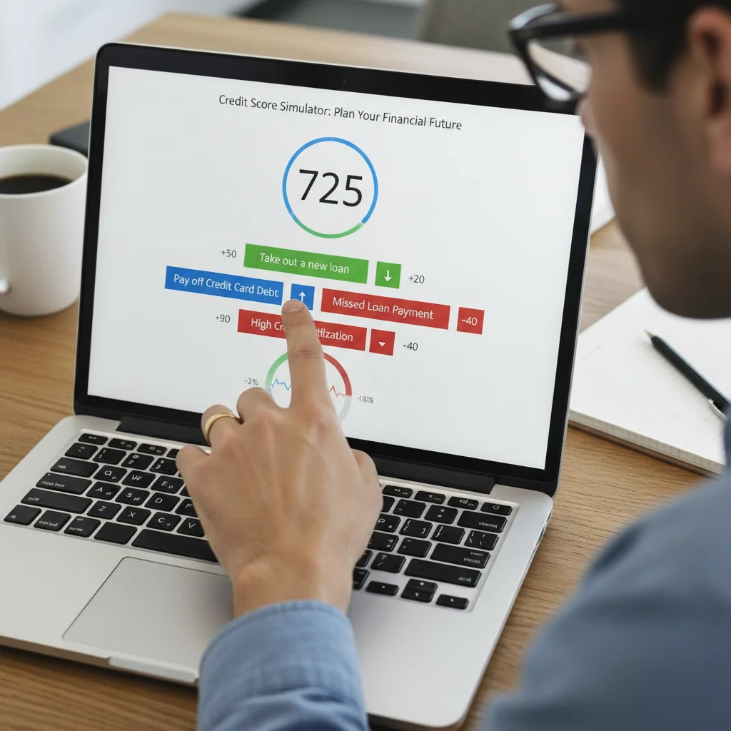 Interactive credit score simulator on a laptop displaying financial scenarios.