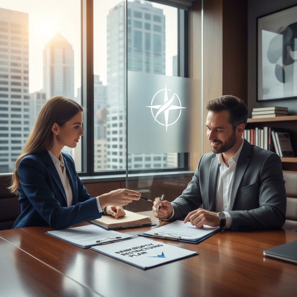 Lawyer advising client on bankruptcy process and legal steps