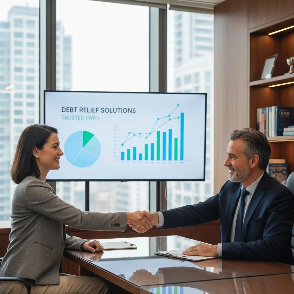 Client shaking hands with a financial advisor, representing legitimate debt relief solutions.