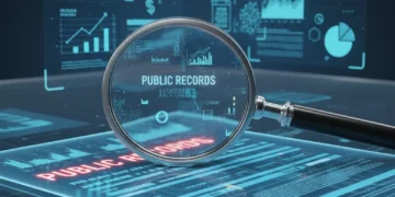 Magnifying glass examining a credit report with public records highlighted