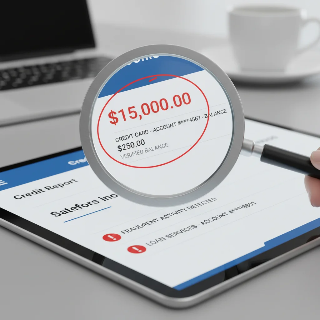 Magnifying glass examining a digital credit report for inaccuracies