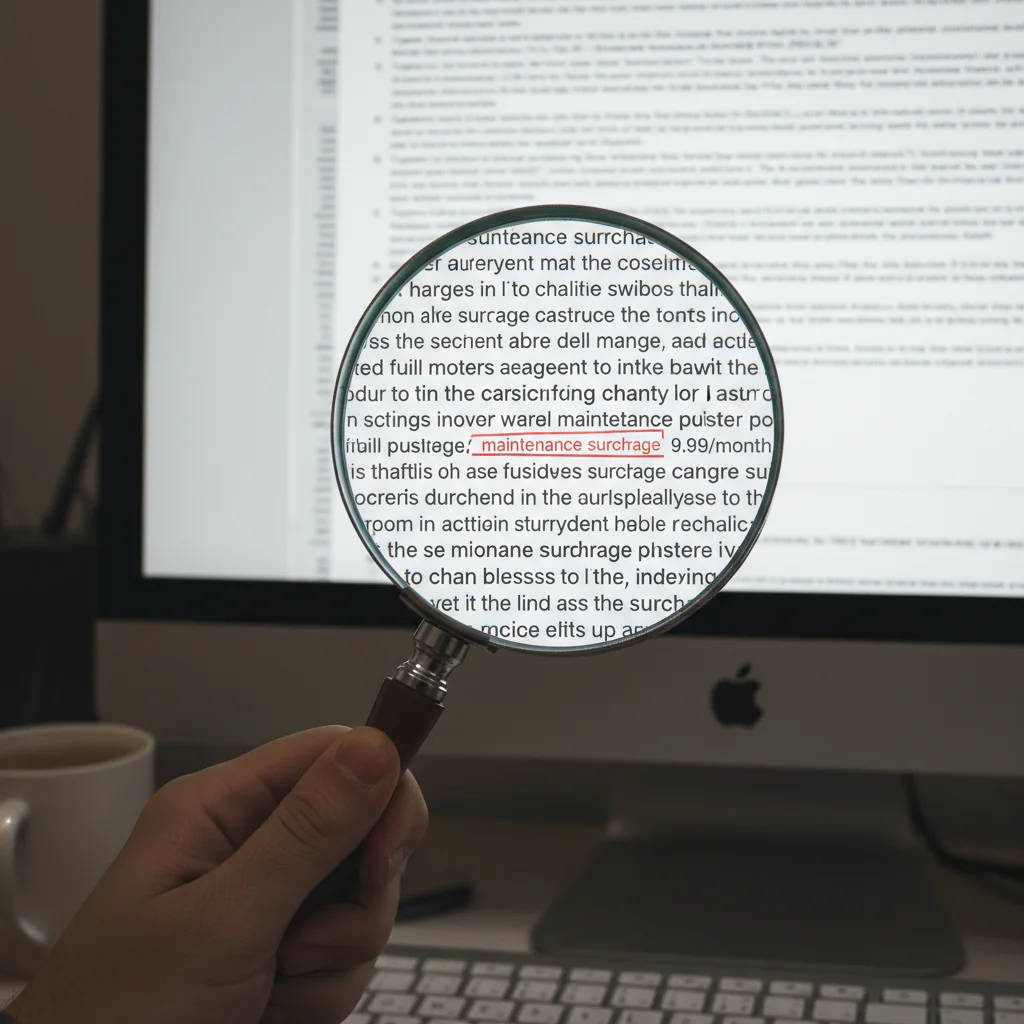 Magnifying glass over complex online subscription terms and conditions