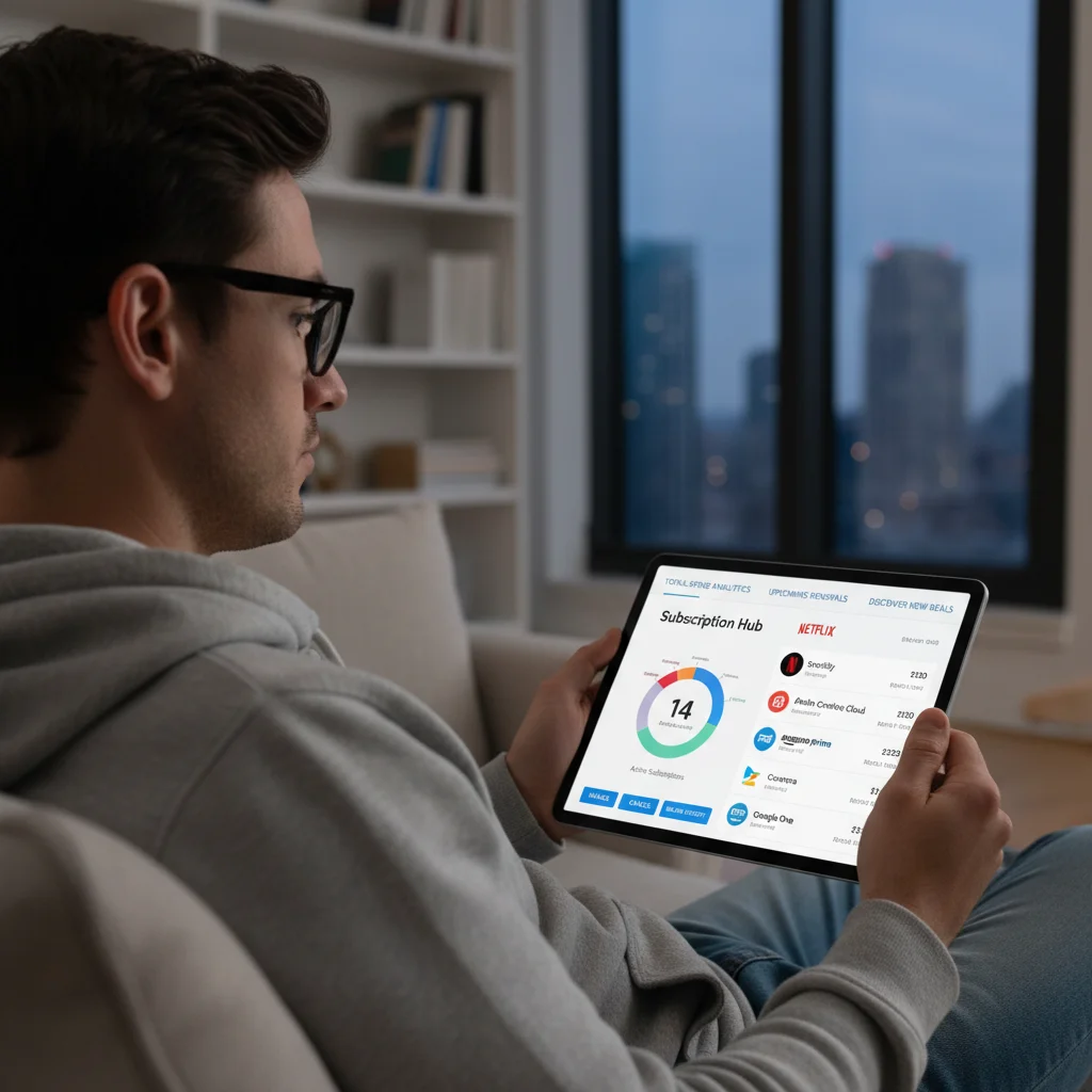 Person managing multiple online subscriptions on a digital dashboard