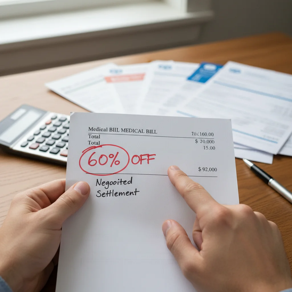 Hand highlighting discount on medical bill after negotiation.