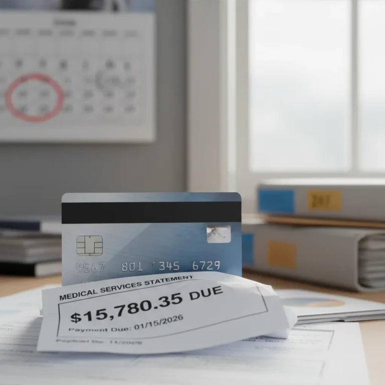 Credit card on medical bill, symbolizing medical debt's impact on credit.