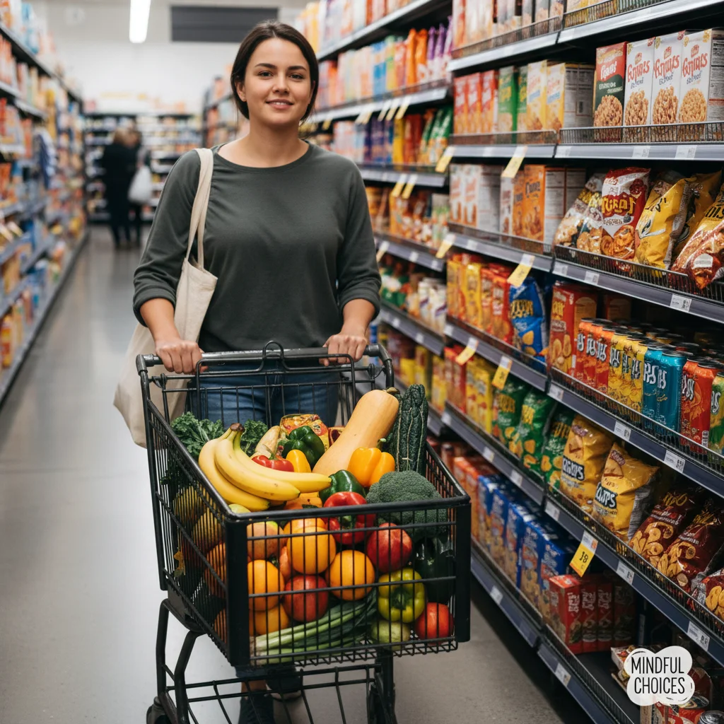 Mindful grocery shopping, choosing fresh produce over processed foods.