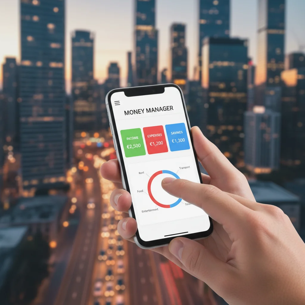 Individual actively tracking finances and budget using a modern mobile budgeting application.