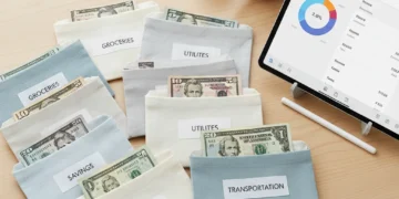 Modern cash envelopes organized for budgeting, with US dollars and a tablet showing a budgeting app.