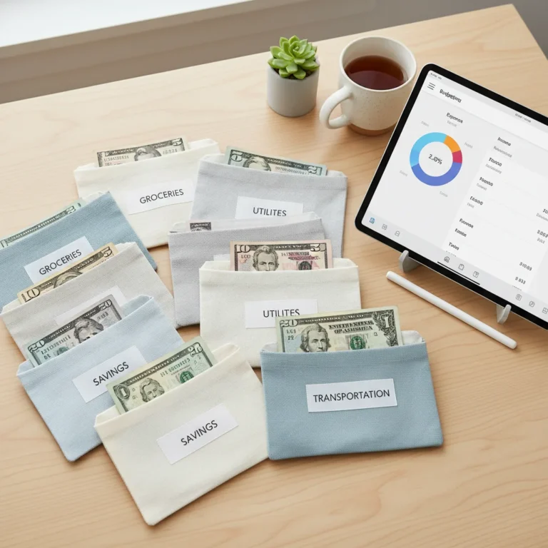 Modern cash envelopes organized for budgeting, with US dollars and a tablet showing a budgeting app.