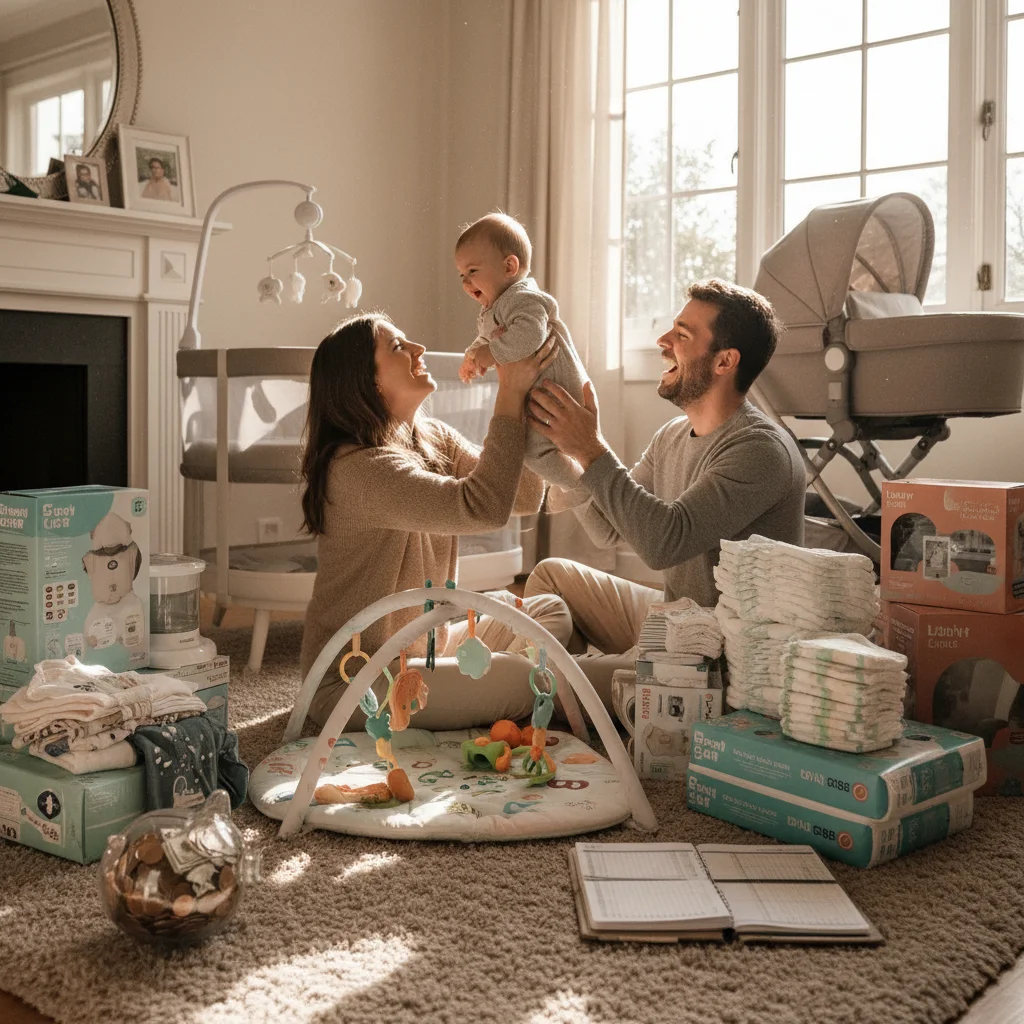 Happy family with new baby in a comfortable home setting, illustrating baby budgeting.