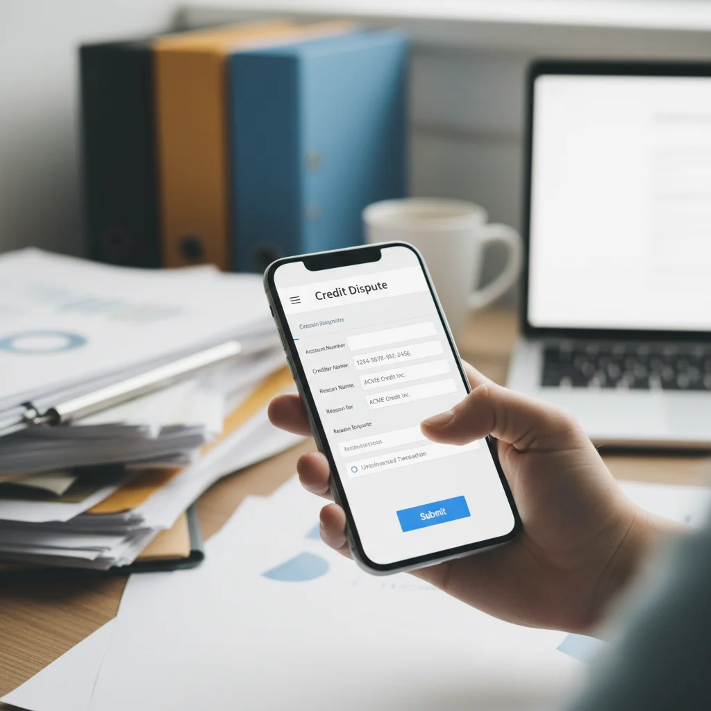 Smartphone displaying online credit dispute form, modern financial process.