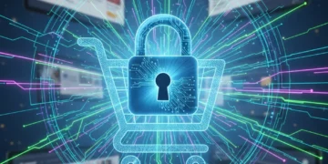 Digital padlock securing online shopping cart, representing purchase protection and data security.