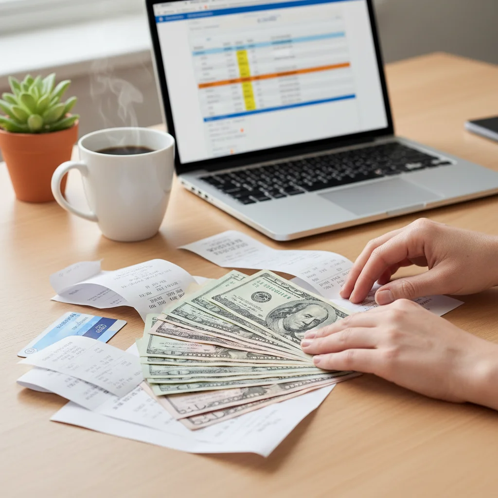 Hands organizing bills and receipts on a desk with a budget spreadsheet on a laptop, illustrating practical budgeting.