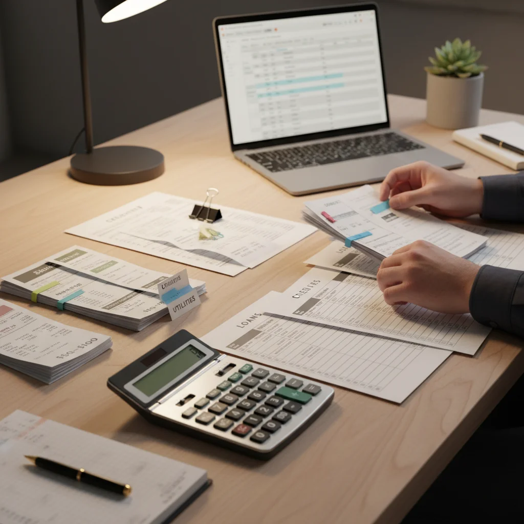Person organizing bills for debt inventory and prioritization