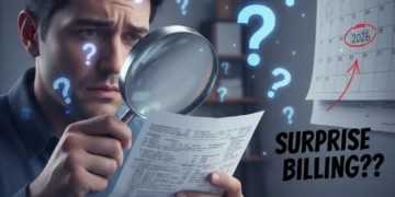 Patient examining a medical bill with 2026 calendar, symbolizing surprise billing concerns