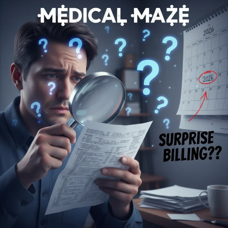 Patient examining a medical bill with 2026 calendar, symbolizing surprise billing concerns