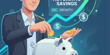 Illustration of person depositing money into a piggy bank, symbolizing 'Pay Yourself First' and automatic savings.