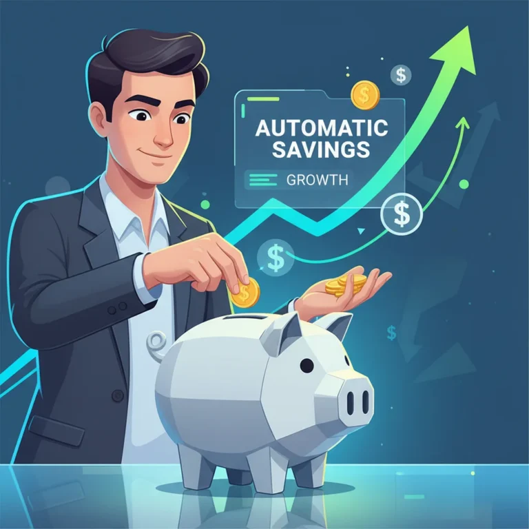 Illustration of person depositing money into a piggy bank, symbolizing 'Pay Yourself First' and automatic savings.