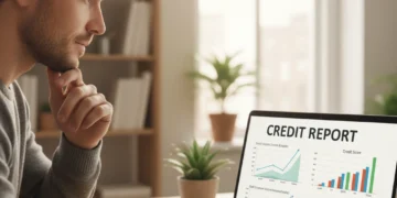 Person reviewing credit report on laptop, focused on improving financial health.