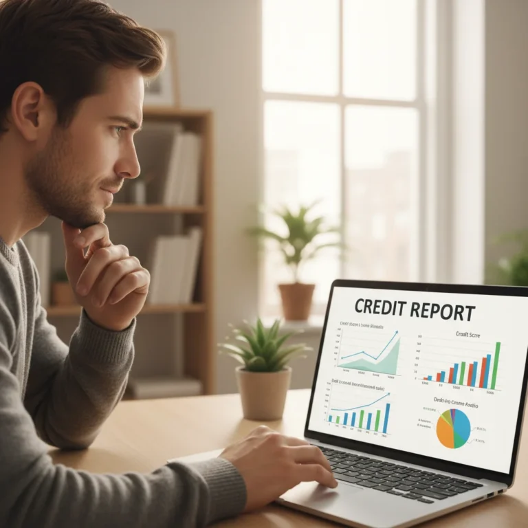 Person reviewing credit report on laptop, focused on improving financial health.