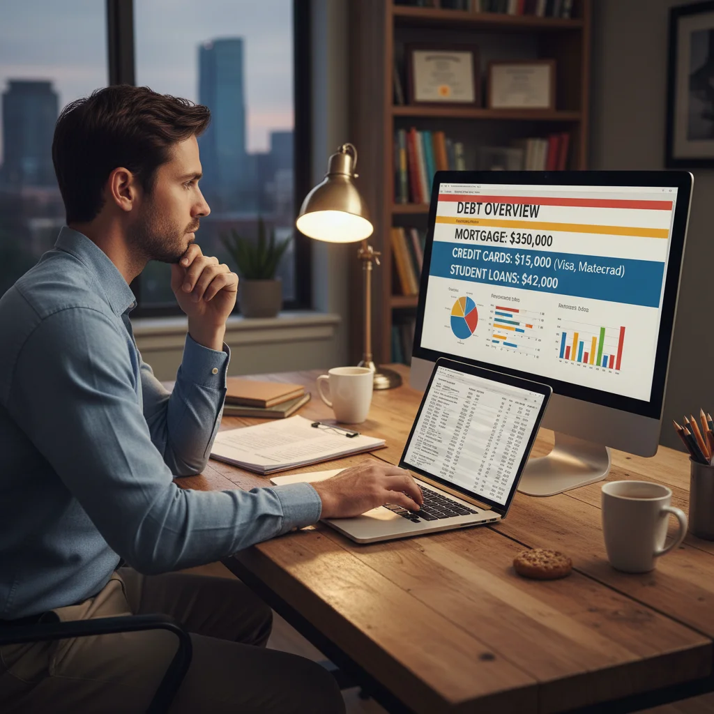 Individual reviewing personal debt statements and financial plans