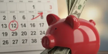 Piggy bank filled with US dollars, representing a 30-day spending freeze challenge.
