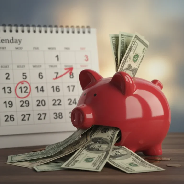 Piggy bank filled with US dollars, representing a 30-day spending freeze challenge.