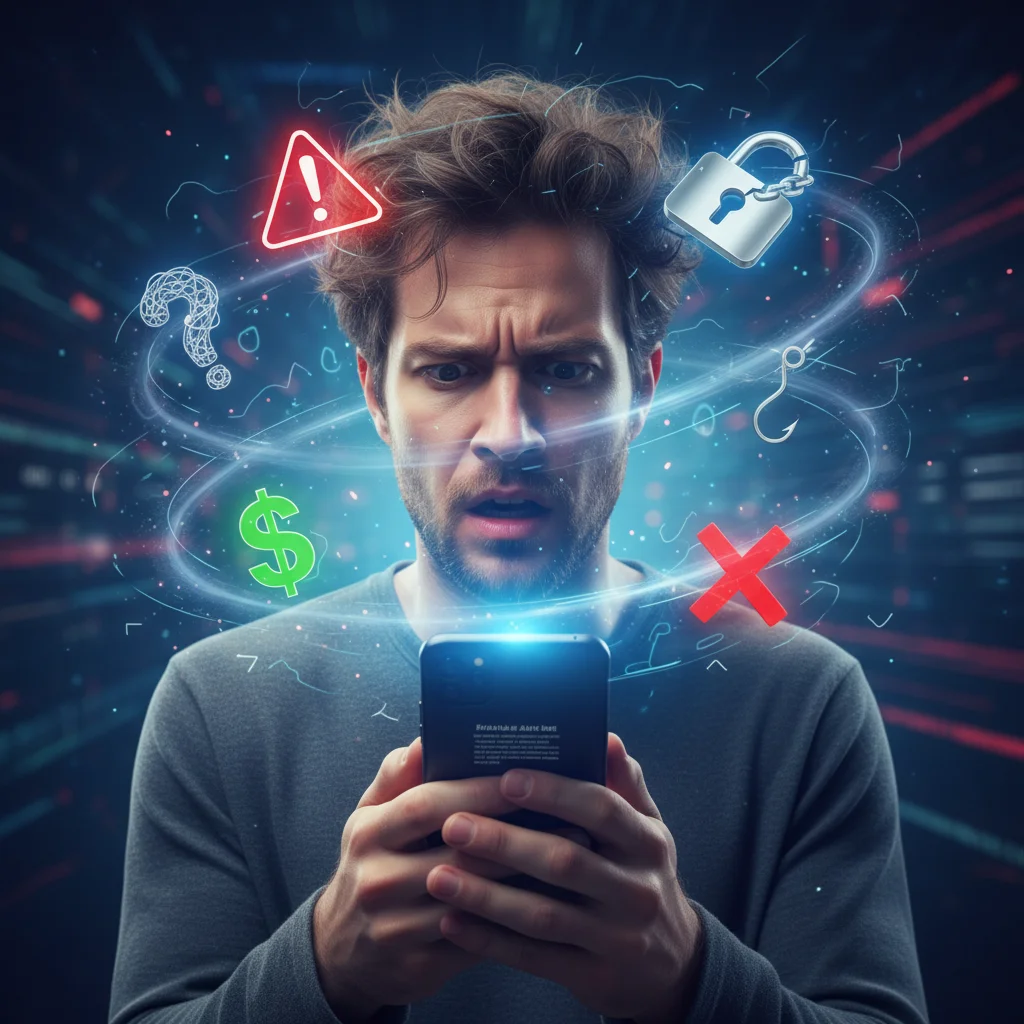 Confused individual dealing with psychological impact of imposter scam calls.