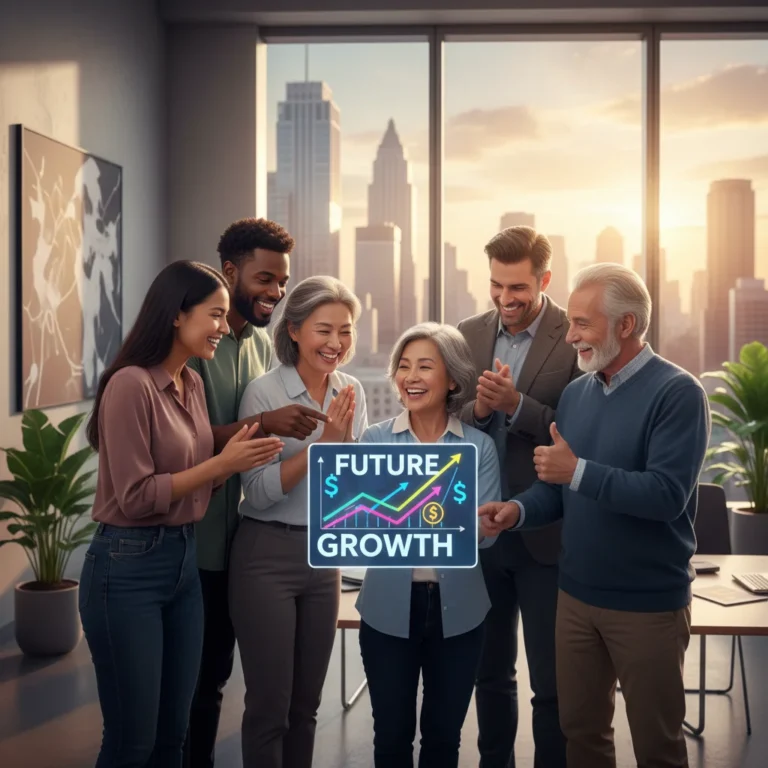 Diverse people planning finances on tablet, smiling, symbolizing realistic budget goals and financial success.