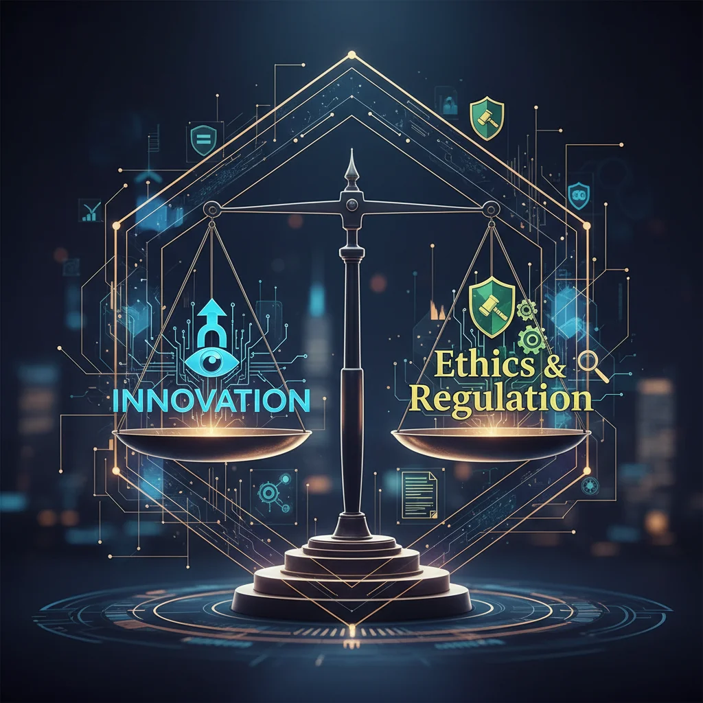 Balance scale symbolizing innovation and ethics in AI credit scoring with privacy symbols