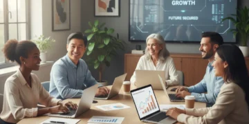 US workers discussing retirement budgeting strategies with financial charts