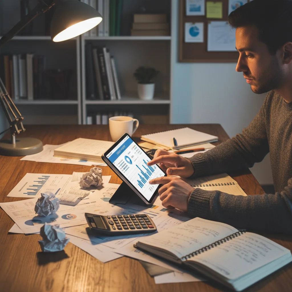 Person reviewing credit report on tablet, emphasizing credit history analysis