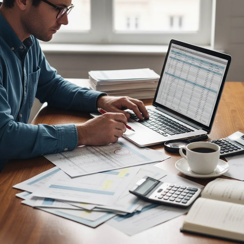 Person reviewing credit report on laptop, focusing on accuracy and financial details.