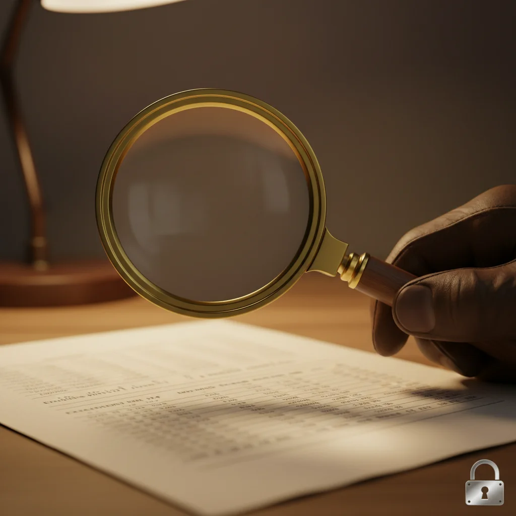 Magnifying glass examining financial document for fraud