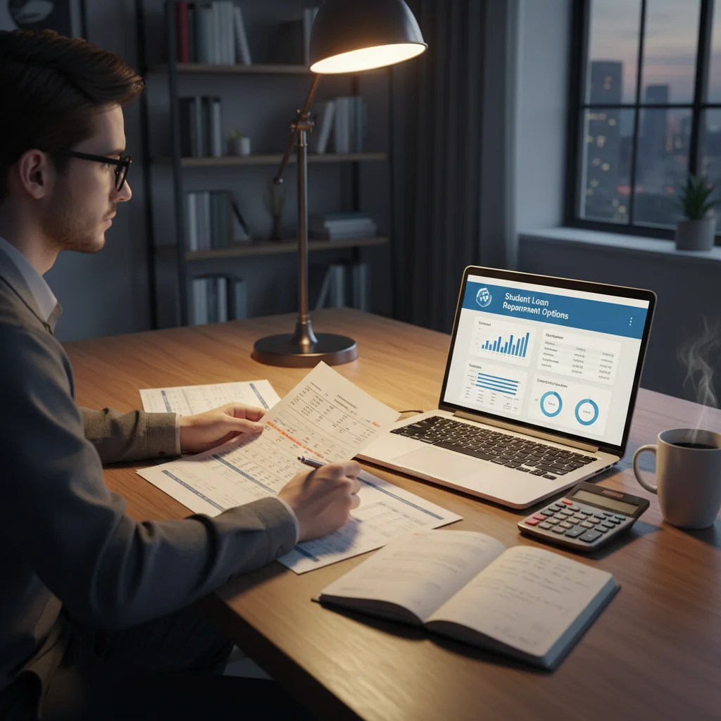 Individual reviewing student loan repayment options and financial documents