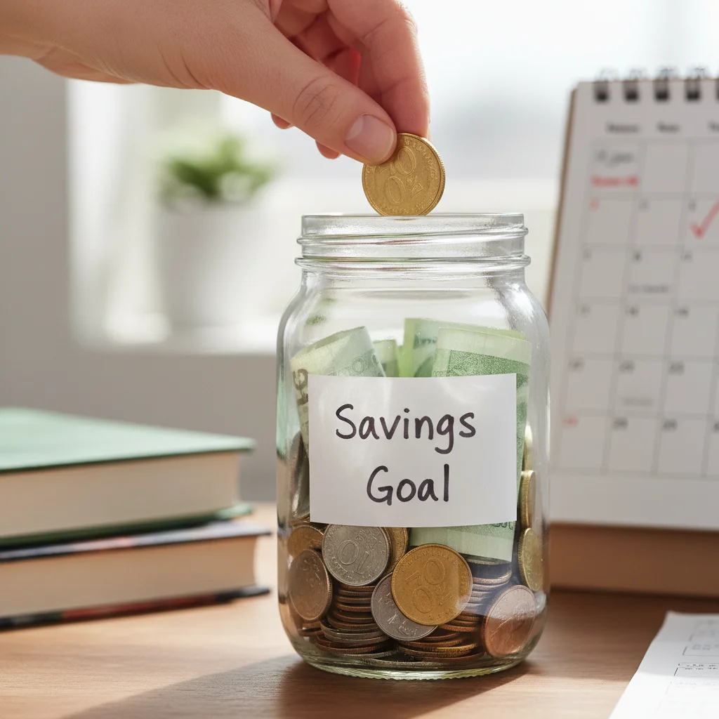 Hand putting coin into 'Savings Goal' jar, illustrating savings accumulation.