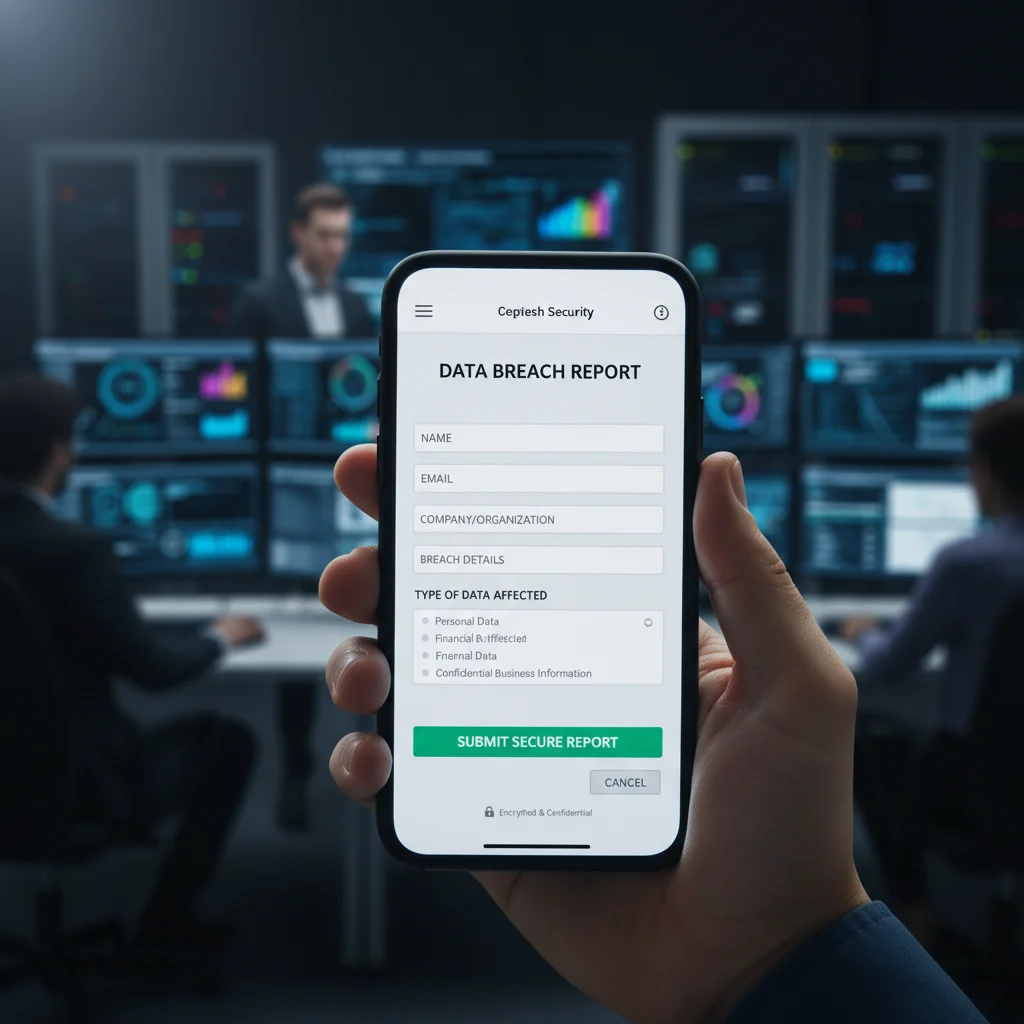 Smartphone displaying a secure data breach reporting form, with a cybersecurity center in the background.