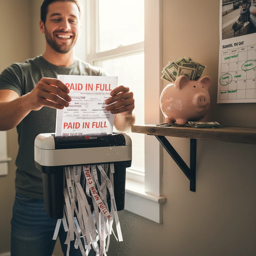 Person shredding paid debt notices, symbolizing financial freedom