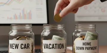 Hand placing coin into labeled savings jars for specific financial goals.