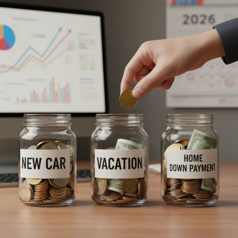 Hand placing coin into labeled savings jars for specific financial goals.