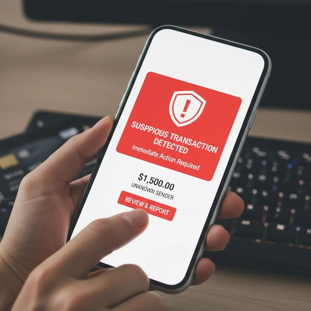 Hand holding smartphone with suspicious transaction alert, symbolizing mobile fraud prevention.