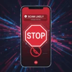 Smartphone displaying a scam call notification with a stop sign, symbolizing efforts to stop robocalls.