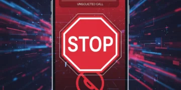 Smartphone displaying a scam call notification with a stop sign, symbolizing efforts to stop robocalls.
