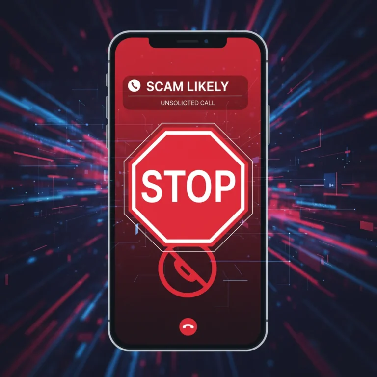 Smartphone displaying a scam call notification with a stop sign, symbolizing efforts to stop robocalls.