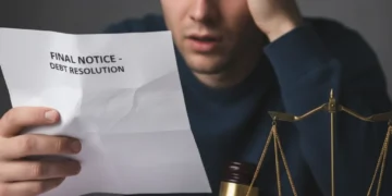 Stressed individual reviewing debt collection letter, symbolizing consumer rights protection