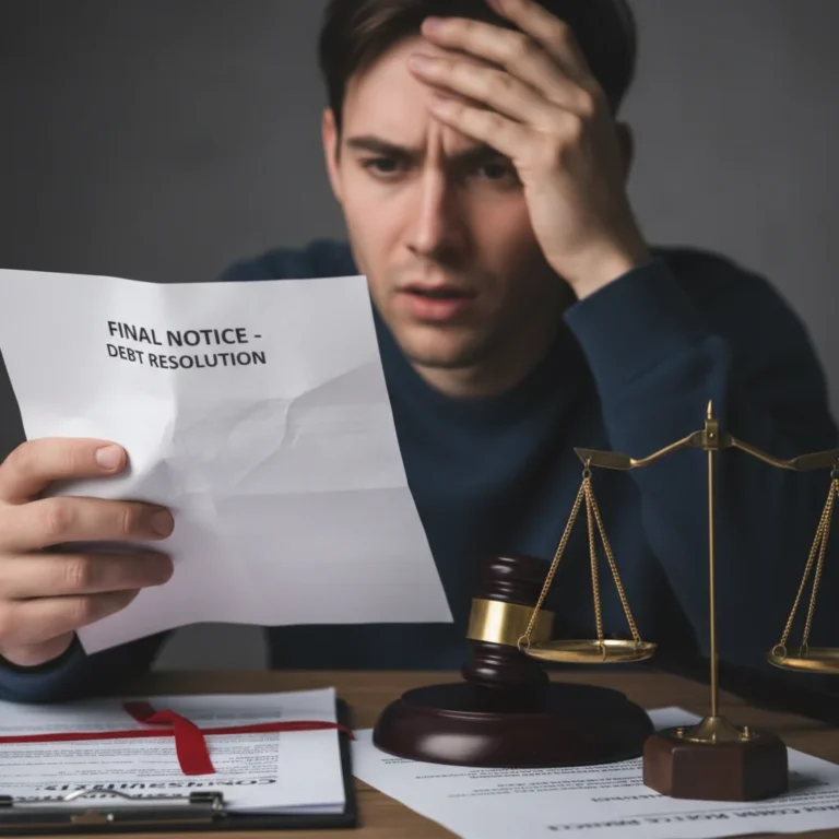 Stressed individual reviewing debt collection letter, symbolizing consumer rights protection